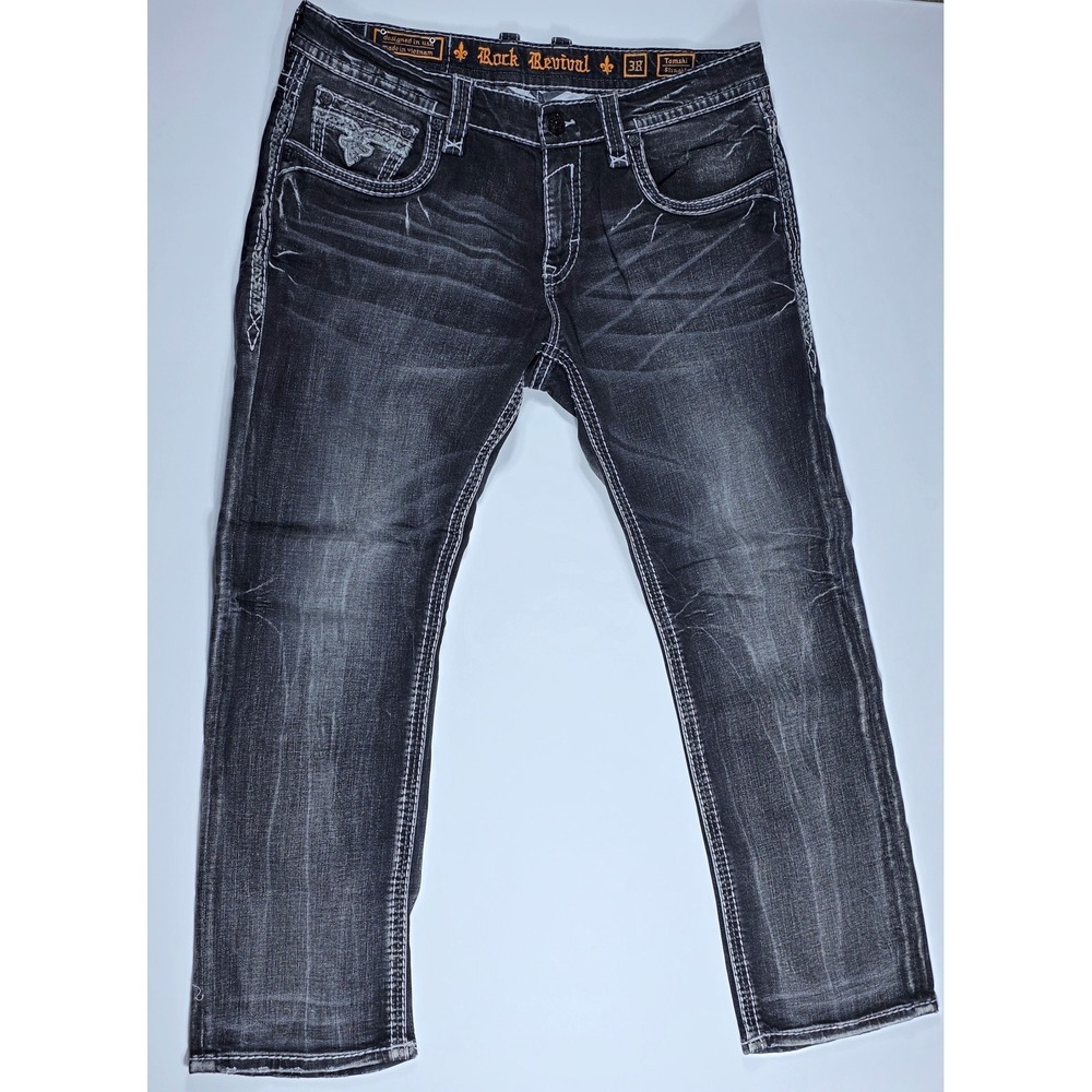 Rock Revival Tomshi Straight Black Jeans Men's 38 Fleur De Lis Contrast Stitch